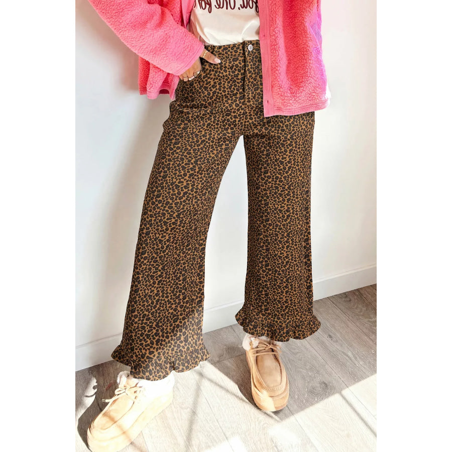 Leopard Print Ruffled Hem Shift Jeans Apparel and Accessories