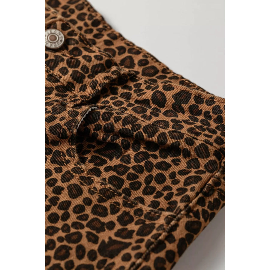 Leopard Print Ruffled Hem Shift Jeans Apparel and Accessories