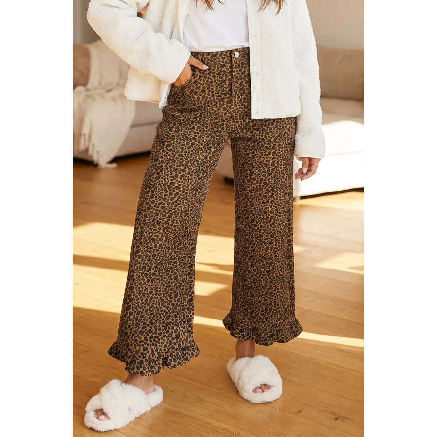 Leopard Print Ruffled Hem Shift Jeans Apparel and Accessories