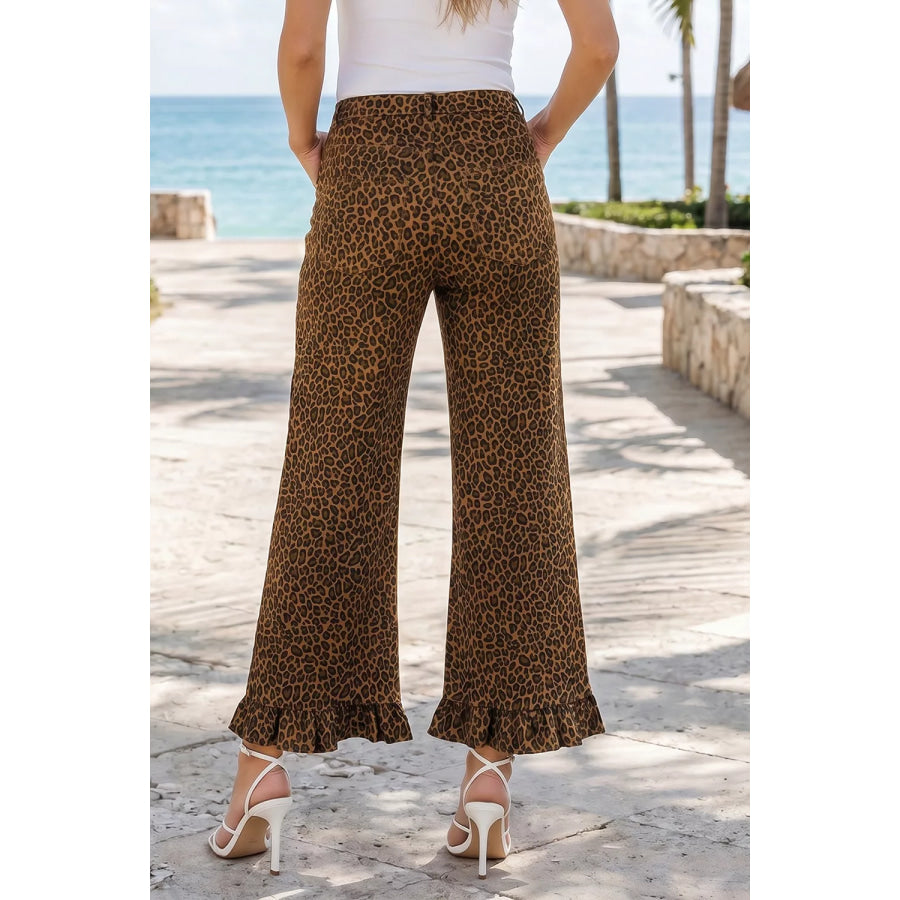 Leopard Print Ruffled Hem Shift Jeans Apparel and Accessories