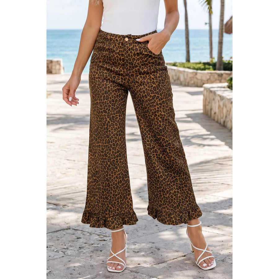 Leopard Print Ruffled Hem Shift Jeans Dark Brown / 4 Apparel and Accessories