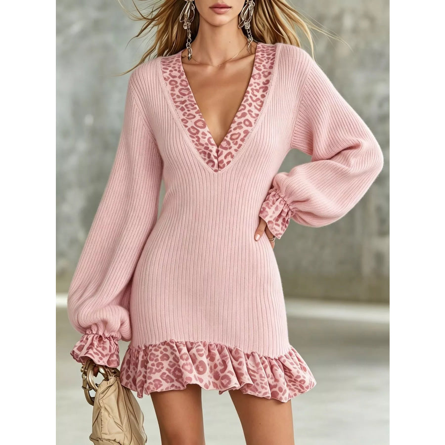 Leopard Print Ruffled Trim Knit Dress Apparel and Accessories
