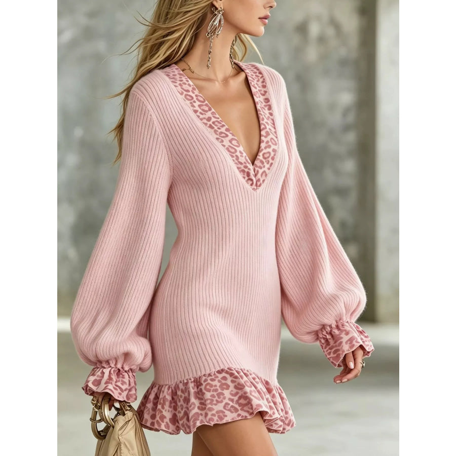 Leopard Print Ruffled Trim Knit Dress Apparel and Accessories