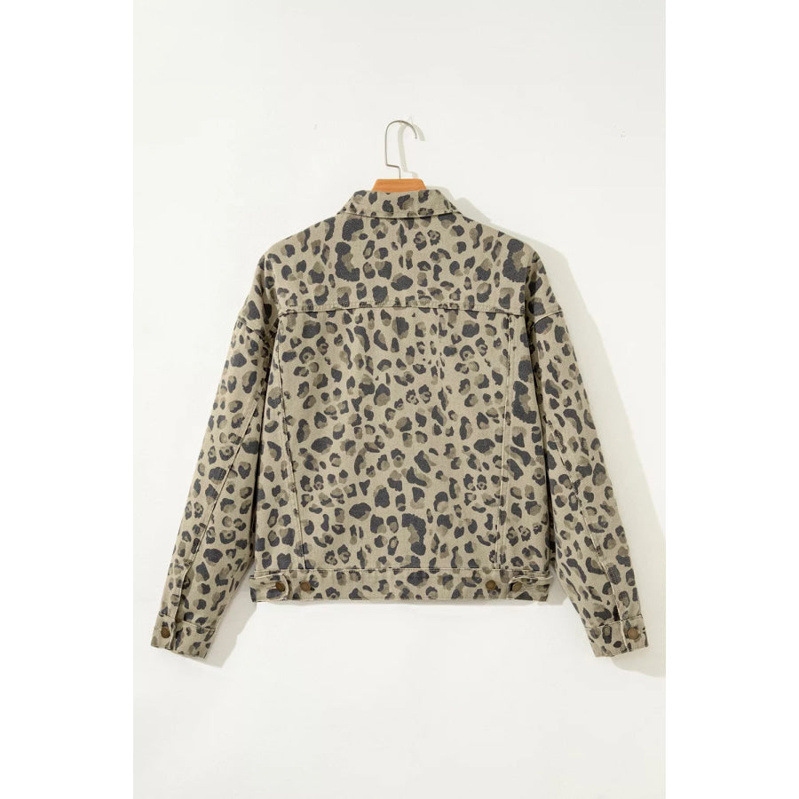 Leopard Print Seam Detail Button Down Denim Jacket Apparel and Accessories