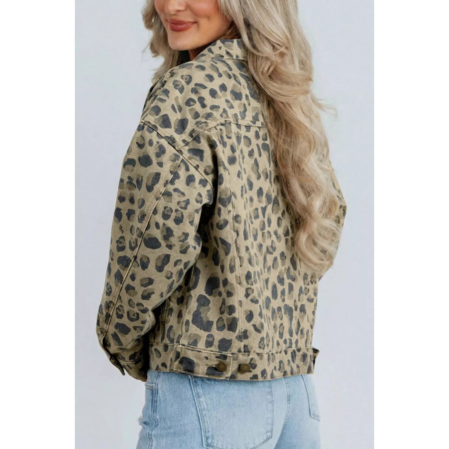 Leopard Print Seam Detail Button Down Denim Jacket Apparel and Accessories