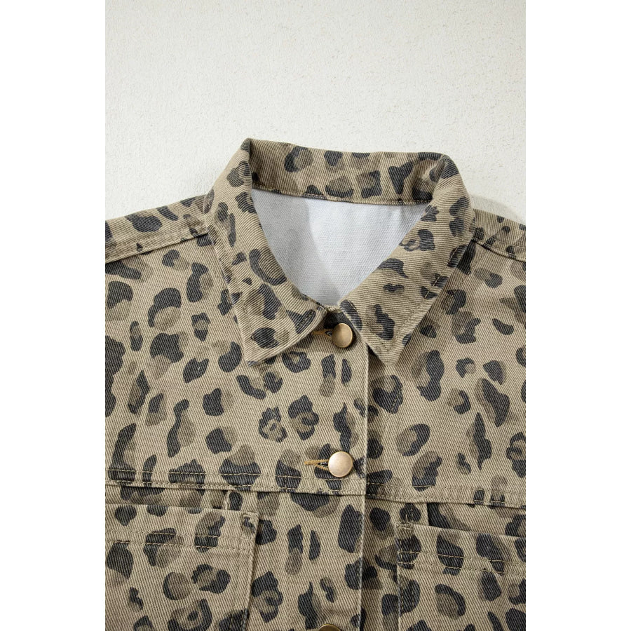 Leopard Print Seam Detail Button Down Denim Jacket Apparel and Accessories