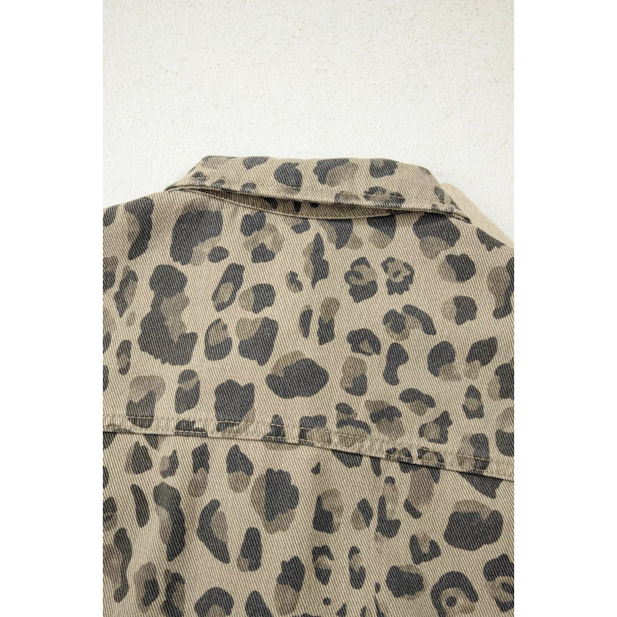 Leopard Print Seam Detail Button Down Denim Jacket Apparel and Accessories