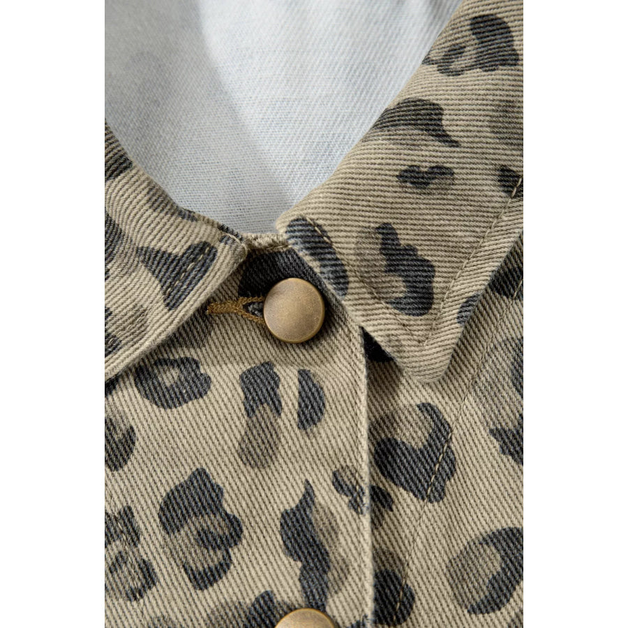 Leopard Print Seam Detail Button Down Denim Jacket Apparel and Accessories