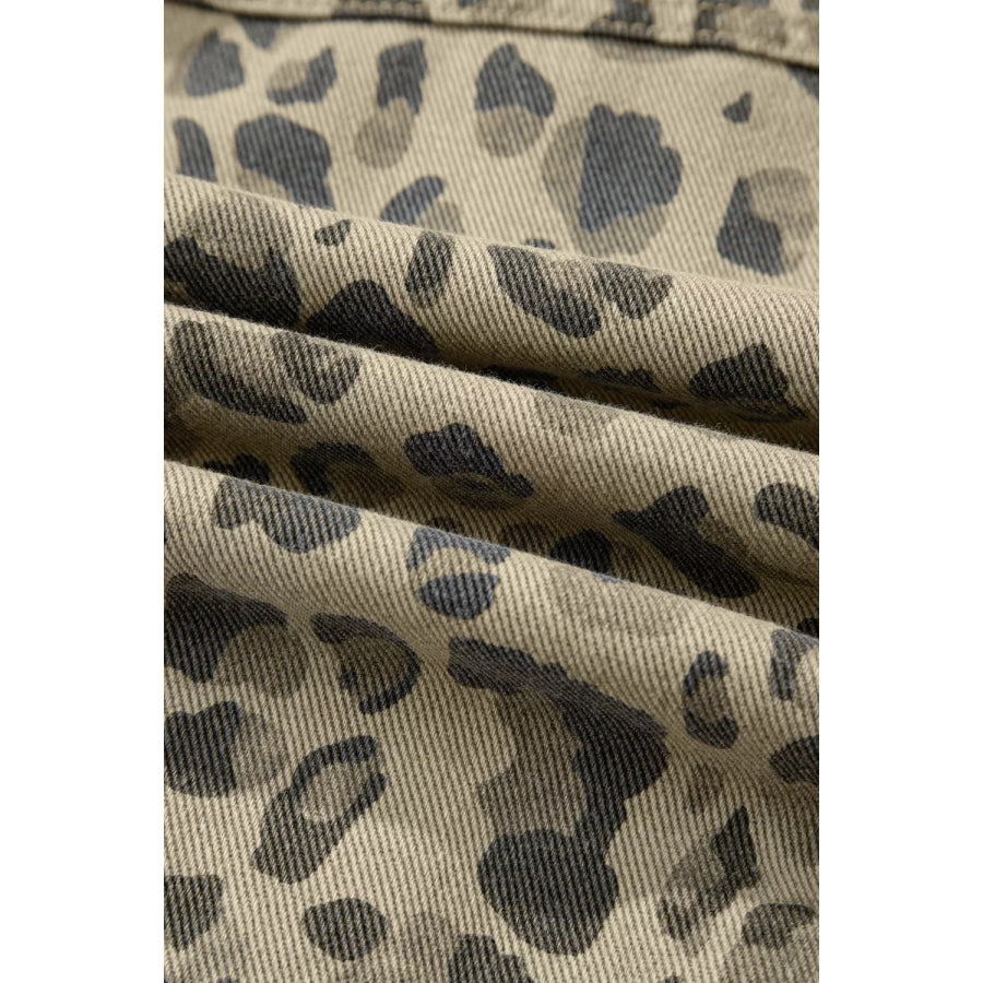 Leopard Print Seam Detail Button Down Denim Jacket Apparel and Accessories