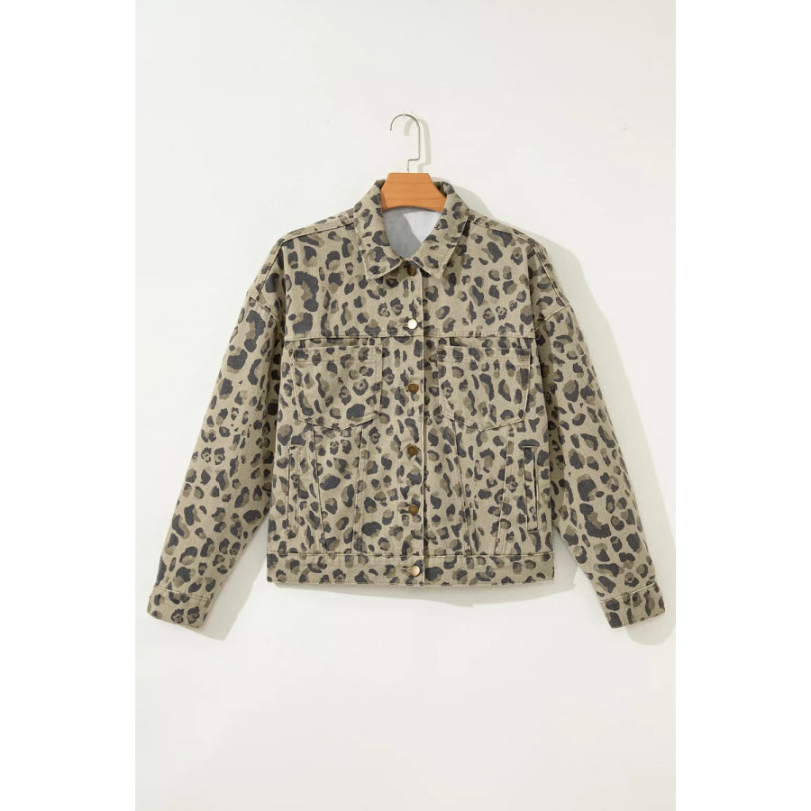 Leopard Print Seam Detail Button Down Denim Jacket Apparel and Accessories