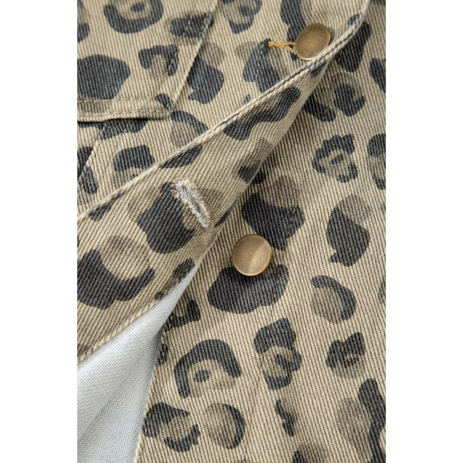 Leopard Print Seam Detail Button Down Denim Jacket Apparel and Accessories