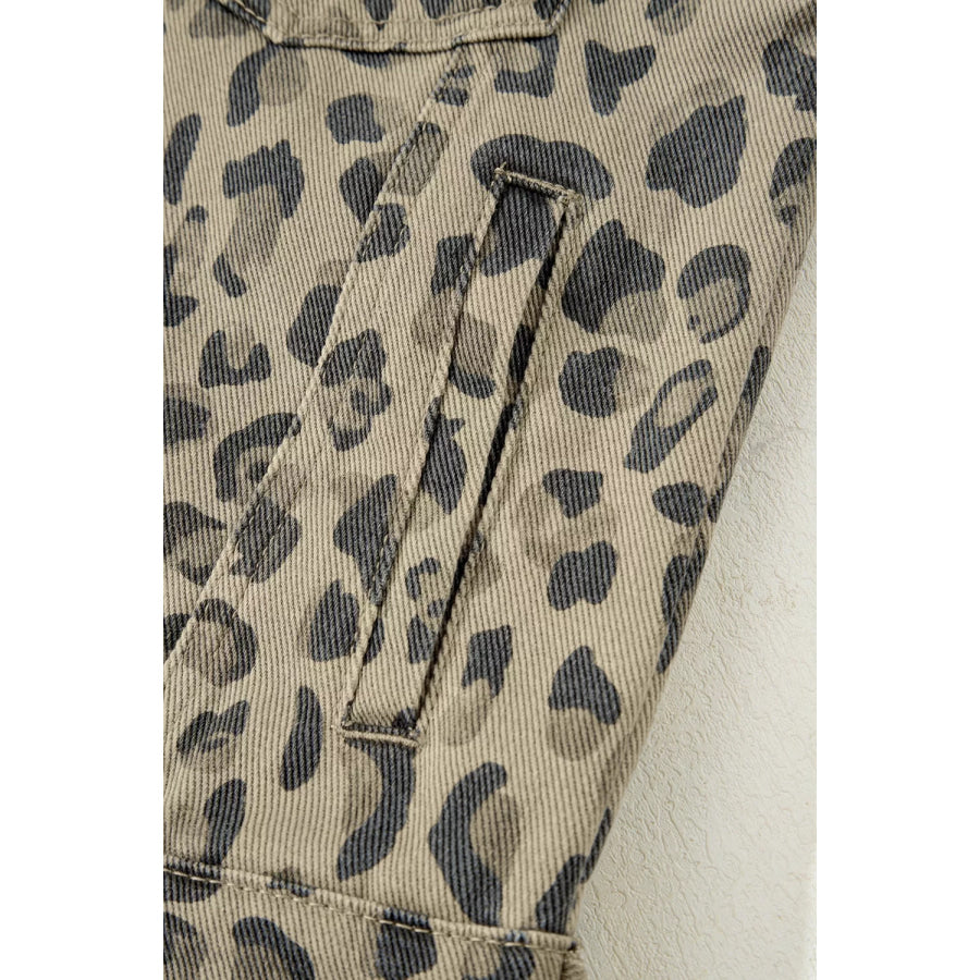 Leopard Print Seam Detail Button Down Denim Jacket Apparel and Accessories
