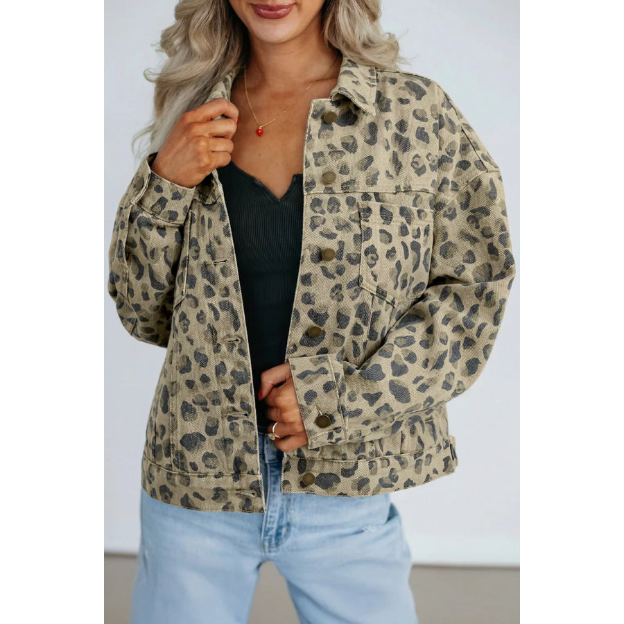 Leopard Print Seam Detail Button Down Denim Jacket Leopard / M Apparel and Accessories