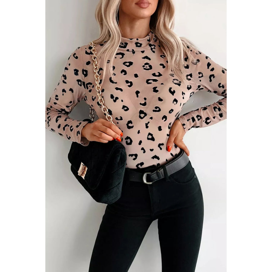 Leopard Print Sheer Mesh Bodysuit Apparel and Accessories