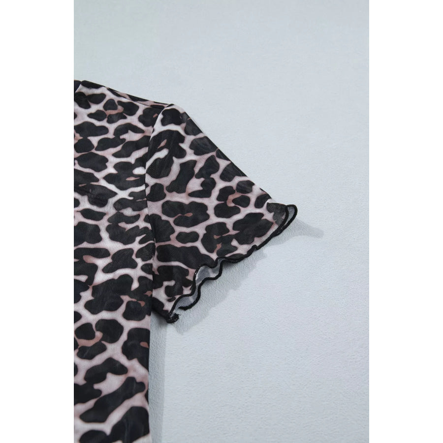 Leopard Print Sheer Mesh Short Sleeve Top Apparel and Accessories