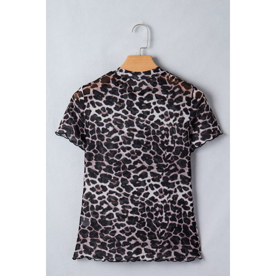 Leopard Print Sheer Mesh Short Sleeve Top Apparel and Accessories
