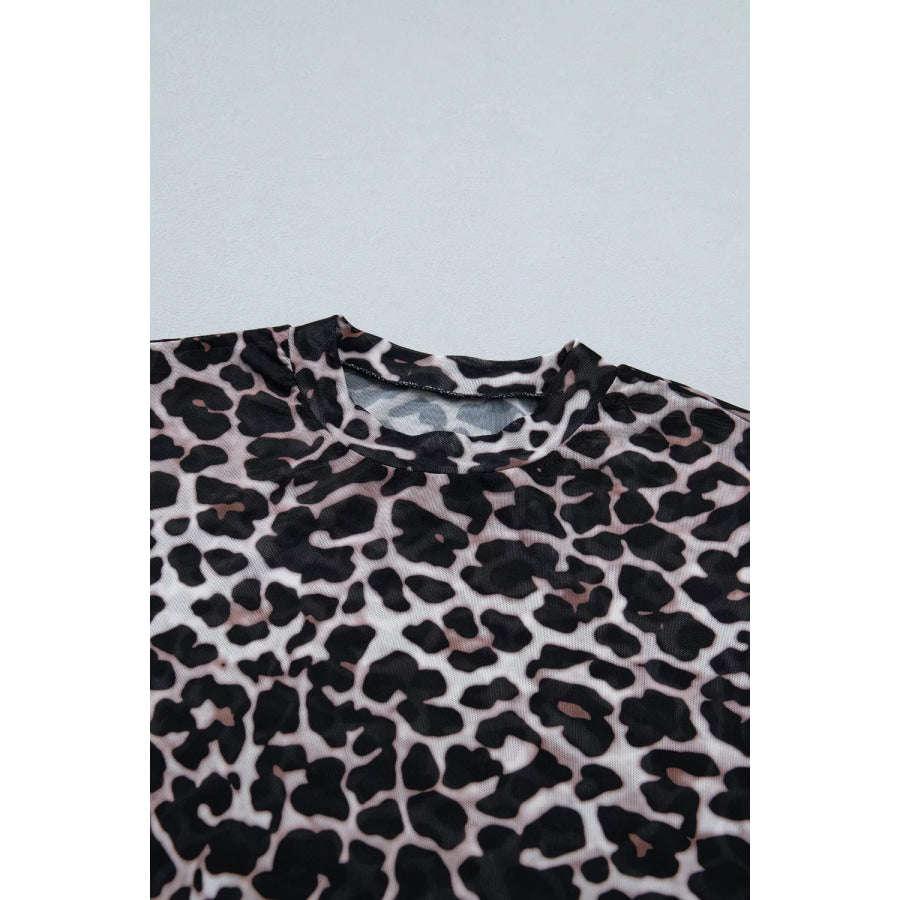 Leopard Print Sheer Mesh Short Sleeve Top Apparel and Accessories