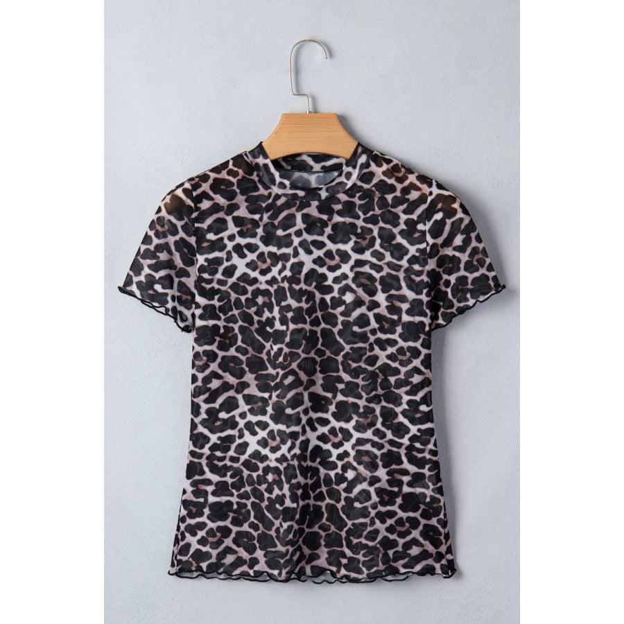 Leopard Print Sheer Mesh Short Sleeve Top Leopard / S Apparel and Accessories