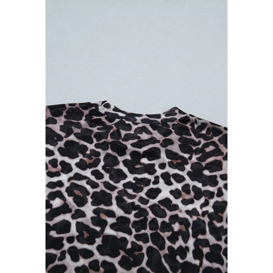 Leopard Print Sheer Mesh Short Sleeve Top Apparel and Accessories