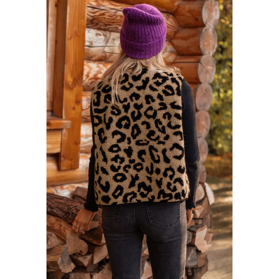 Leopard Print Sherpa Fleece Vest Coat Apparel and Accessories