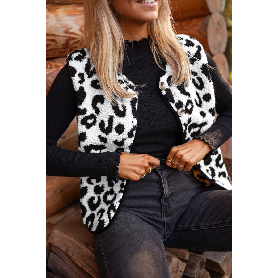 Leopard Print Sherpa Fleece Vest Coat Black / S Apparel and Accessories