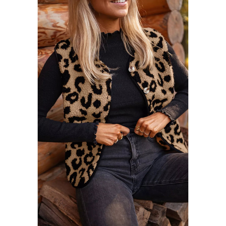 Leopard Print Sherpa Fleece Vest Coat Caramel / S Apparel and Accessories