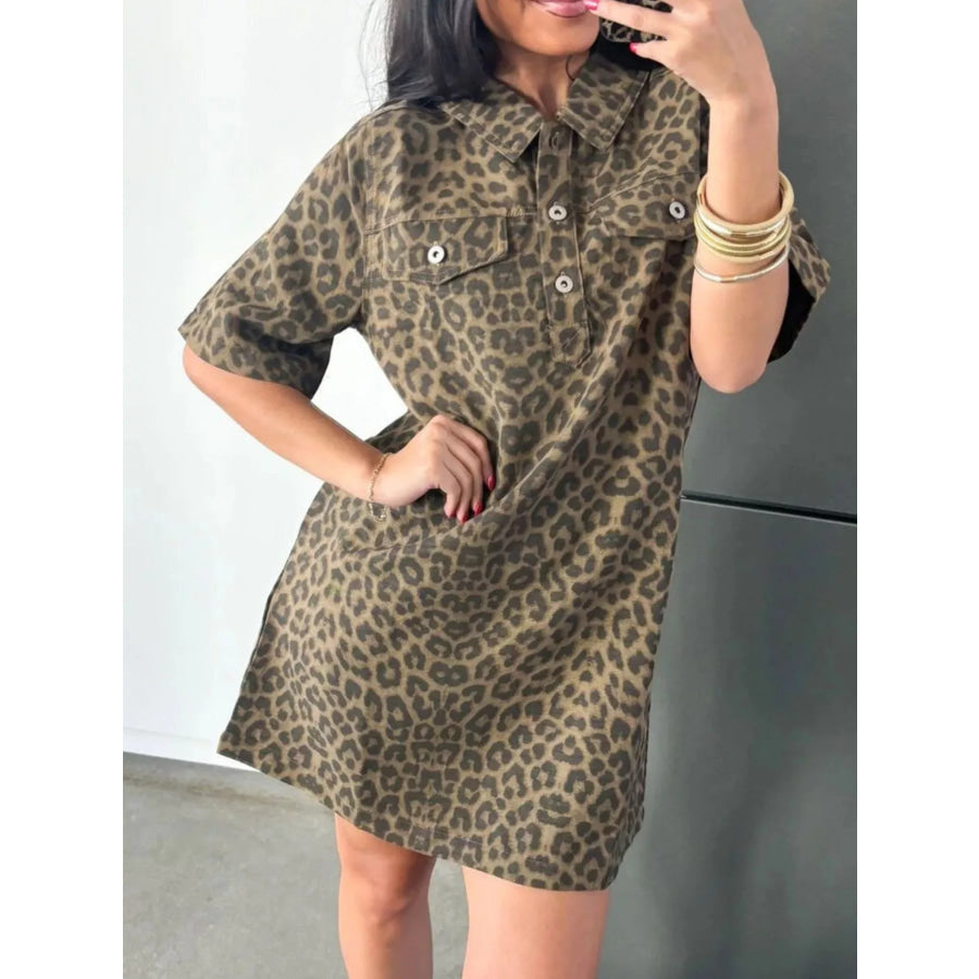 Leopard Print Short Sleeve Denim Dress Apparel and Accessories