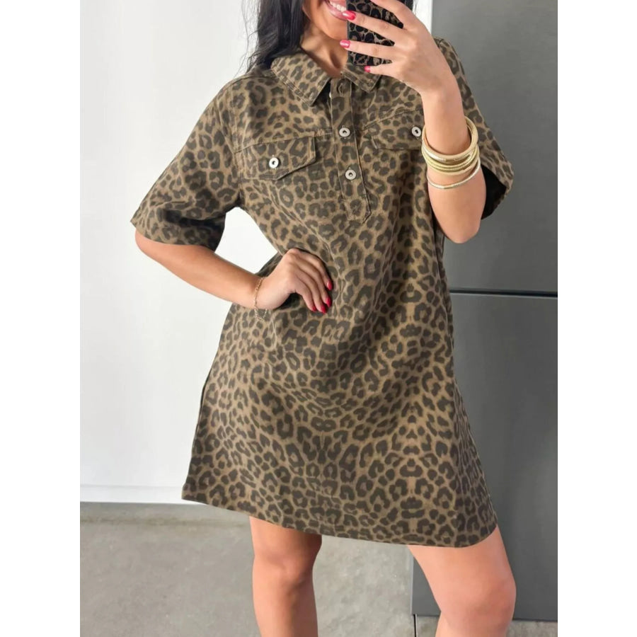 Leopard Print Short Sleeve Denim Dress / S Apparel and Accessories