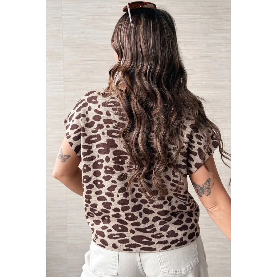 Leopard Print Short Sleeve Knit Loose Pullover Sweater Leopard / S Apparel and Accessories
