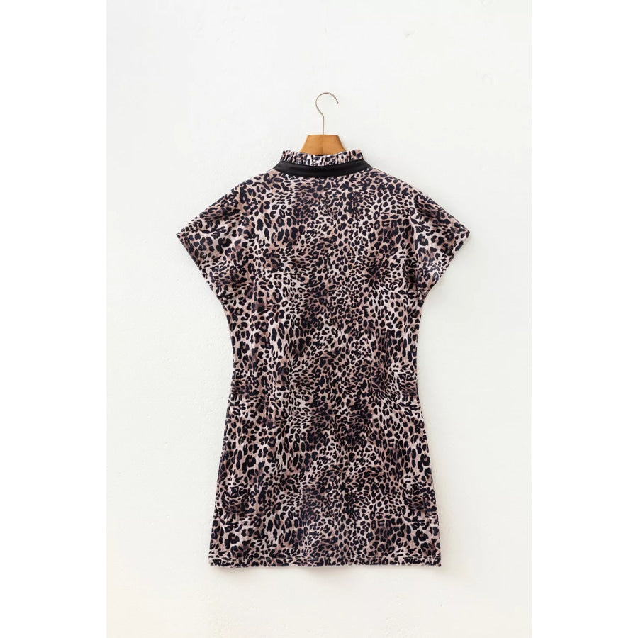 Leopard Print Short Sleeve Mini Shift Silhouette Dress Apparel and Accessories