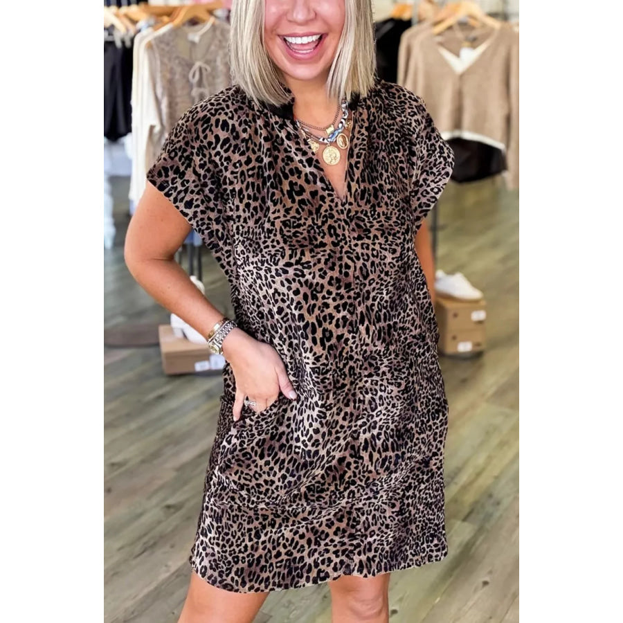 Leopard Print Short Sleeve Mini Shift Silhouette Dress Apparel and Accessories