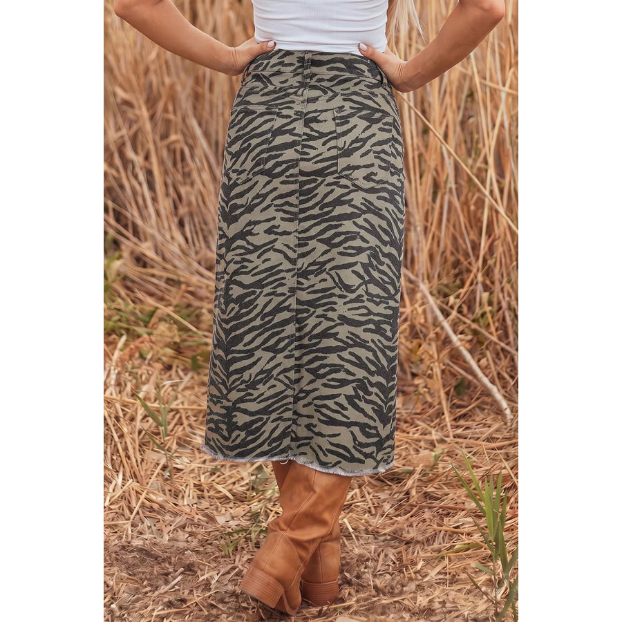 Leopard Print Side Split Frayed Hem Denim Midi Skirt Apparel and Accessories