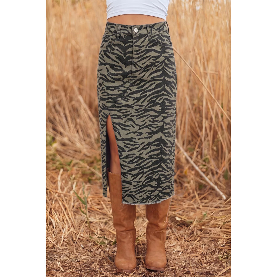 Leopard Print Side Split Frayed Hem Denim Midi Skirt Army Green / S Apparel and Accessories