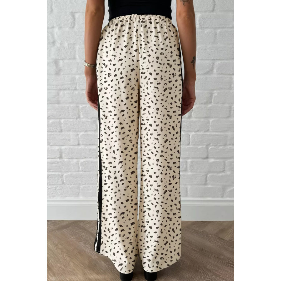 Leopard Print Side Stripe Detail Loose Drawstring Pants Cream / S Apparel and Accessories