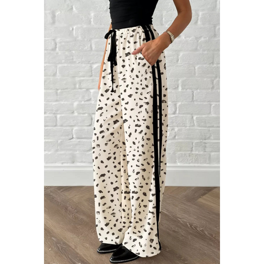 Leopard Print Side Stripe Detail Loose Drawstring Pants Apparel and Accessories