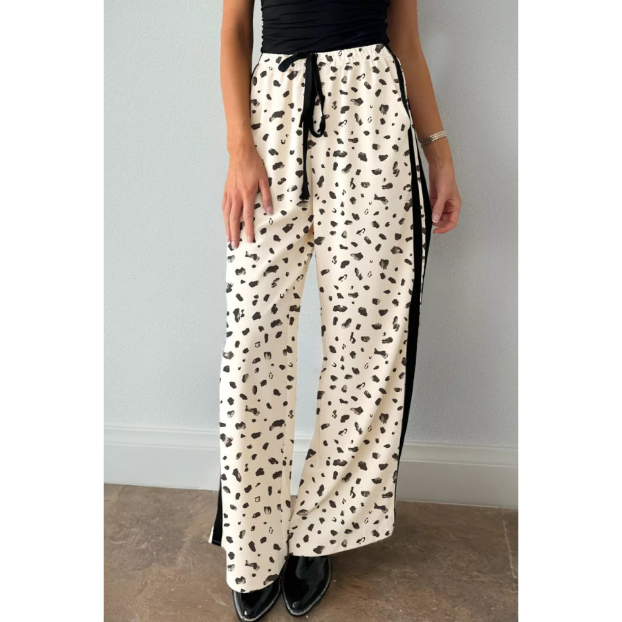 Leopard Print Side Stripe Detail Loose Drawstring Pants Cream / S Apparel and Accessories