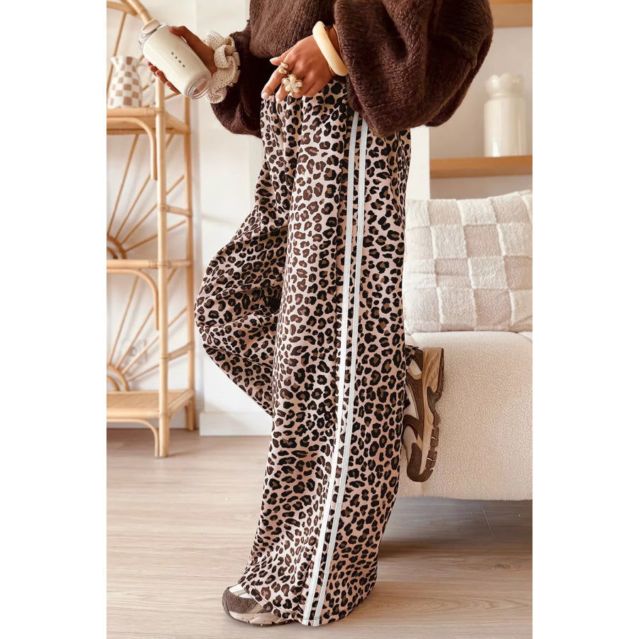 Leopard Print Side Striped Detail Casual Wide Leg Pants Apparel and Accessories