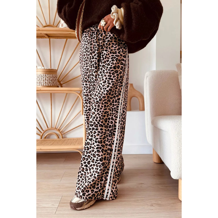 Leopard Print Side Striped Detail Casual Wide Leg Pants Leopard / S Apparel and Accessories