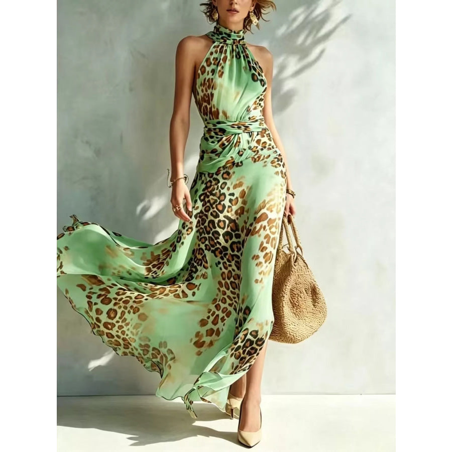 Leopard Print Sleeveless Maxi Dress Green / S Apparel and Accessories