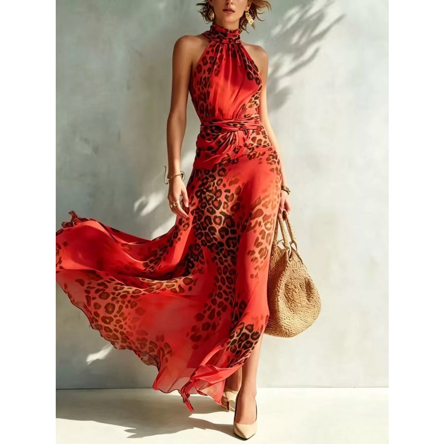 Leopard Print Sleeveless Maxi Dress Red / S Apparel and Accessories