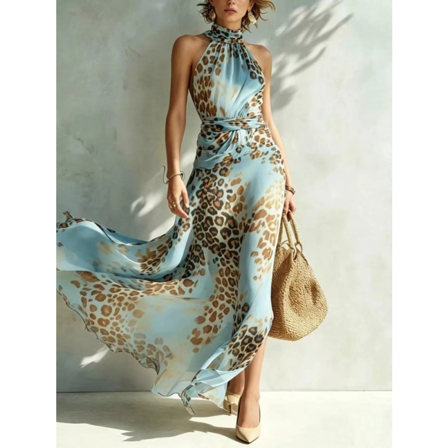 Leopard Print Sleeveless Maxi Dress Sky Blue / S Apparel and Accessories