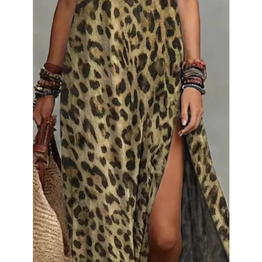 Leopard Print Sleeveless Maxi Dress with Side Slit Apparel and Accessories