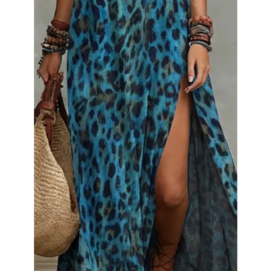 Leopard Print Sleeveless Maxi Dress with Side Slit Blue / S Apparel and Accessories