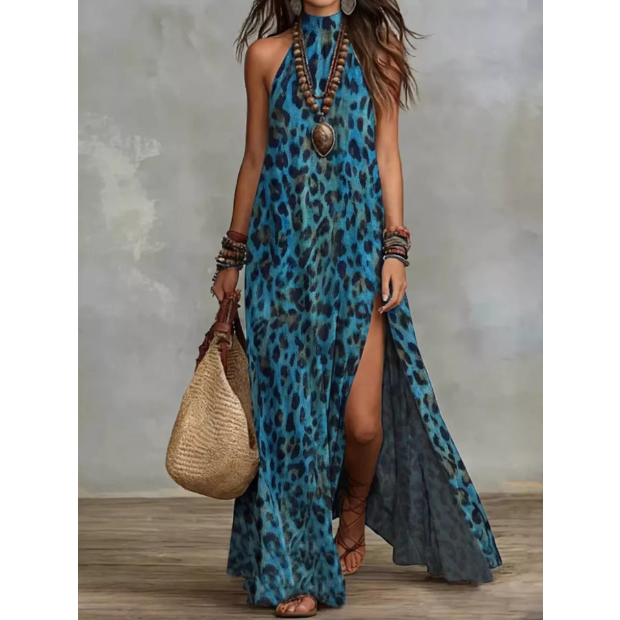 Leopard Print Sleeveless Maxi Dress with Side Slit Blue / S Apparel and Accessories