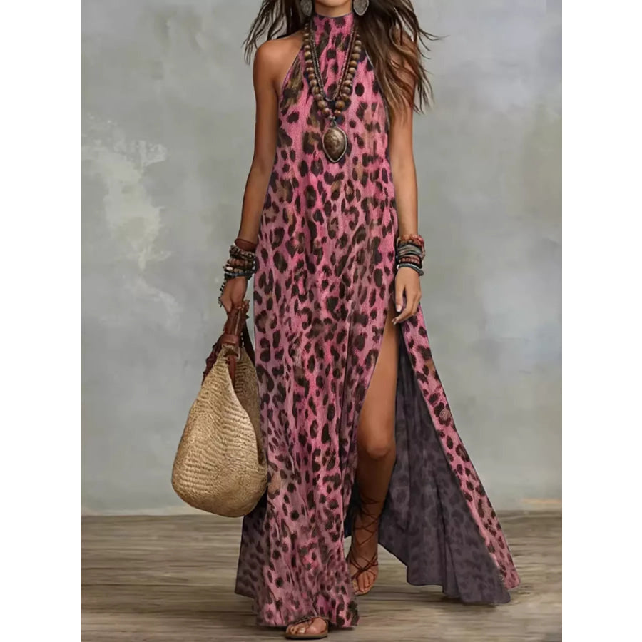 Leopard Print Sleeveless Maxi Dress with Side Slit Dusty Pink / S Apparel and Accessories