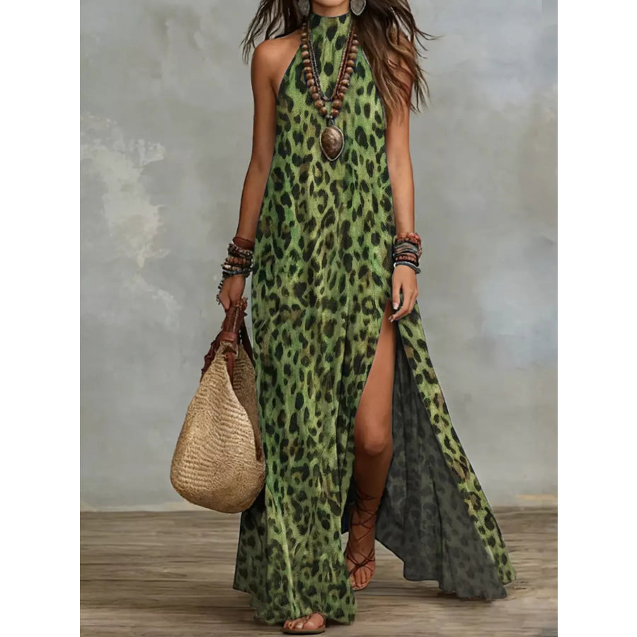 Leopard Print Sleeveless Maxi Dress with Side Slit Green / S Apparel and Accessories