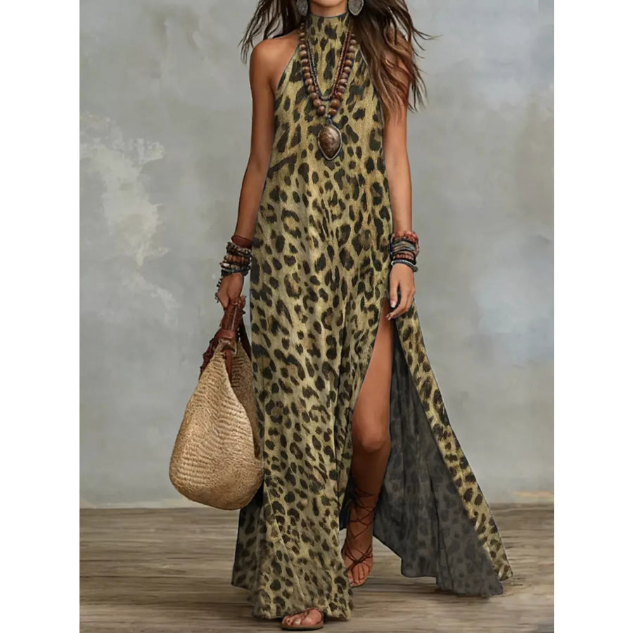 Leopard Print Sleeveless Maxi Dress with Side Slit Yellow / S Apparel and Accessories