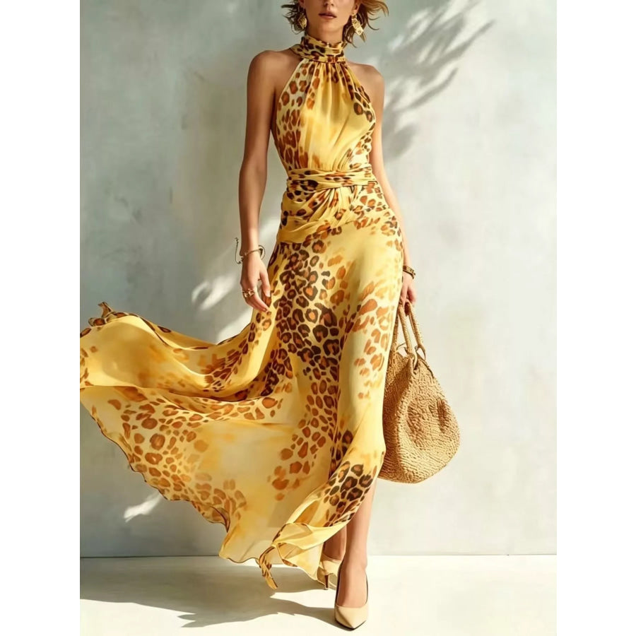 Leopard Print Sleeveless Maxi Dress Yellow / S Apparel and Accessories