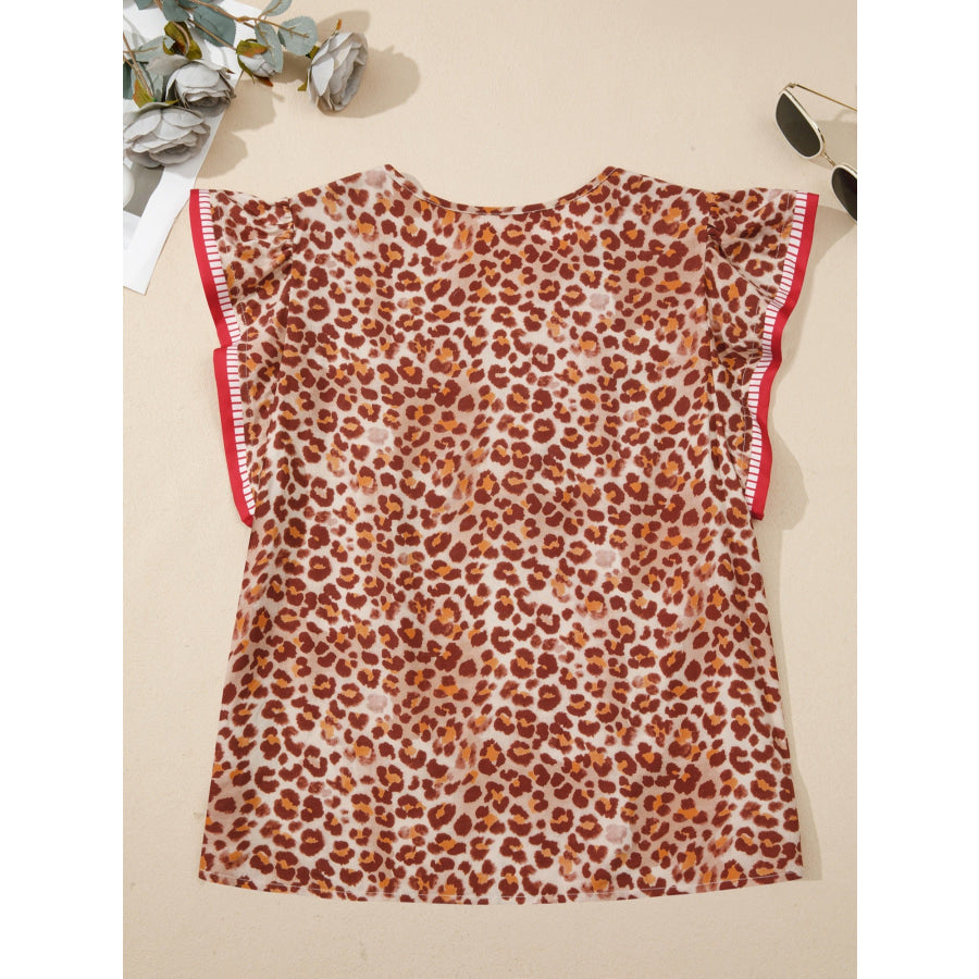 Leopard Print Smocked Notched Blouse Apparel and Accessories