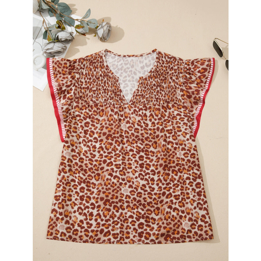 Leopard Print Smocked Notched Blouse Apparel and Accessories